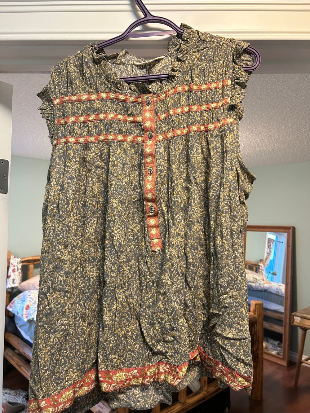 Olive Green Floral Sleeveless Peasant Blouse with Rust Trim